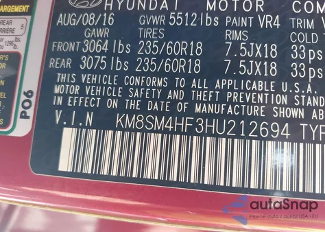 2017 Hyundai Santa Fe Se из США, поврежденный, VIN KM8SM4HF3HU212694